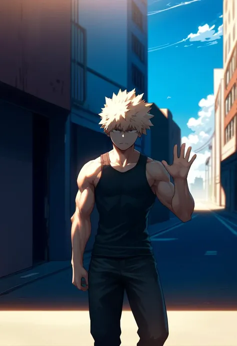 score_9, score_8_up, source_anime, <lora:bakugoXL:1>,bakugo_sleeveless, black tank top, black pants, street, solo, broad shoulders, muscular, closed mouth, blue sky, sunlight, solo, wind, alley, waving,