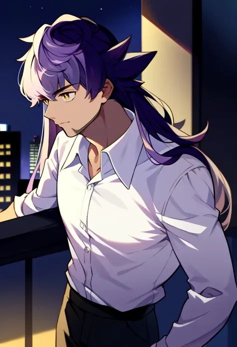 score_9, score_8_up, source_anime, 1boy, male focus, solo, <lora:leonXL:1>, leon_misc, long hair, purple hair, yellow eyes, standing, rooftop, night, night sky, white collared shirt, white buttoned shirt, black pants, buttoned, long sleeves,