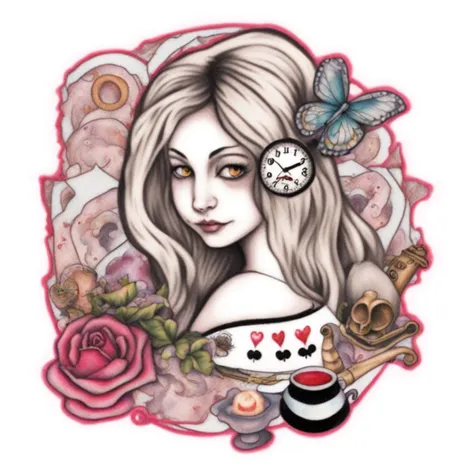 Alice in wonderland tattoo <lora:SDXL-tattoo-Lora:1>