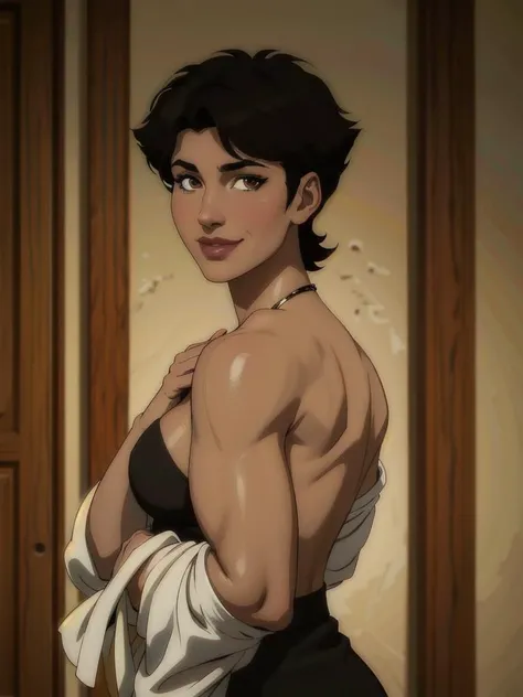 8k,(masterpiece,best quality:1.2),realistic,highres,high quality,woman,short hair,solo,dark_skin,<lora:Mari_Jiwe_McCabe_Vixen:0.5>,vixen,smile,brown_eyes,eyeliner,