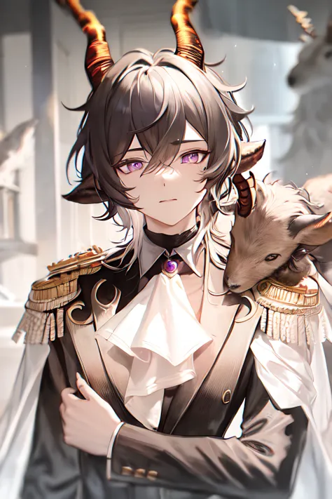 masterpiece, best quality, 1boy, animal, animal_on_arm, animal_on_shoulder, antlers, ascot, bangs, bird, black_gloves, black_hair, black_jacket, brooch, bunny, clothed_animal, deer, dog, formal, fou_\(fate\), fox, gloves, goat, hair_between_eyes, horns, jacket, jewelry, lion, long_hair, long_sleeves, male_focus, multicolored_hair, owl, petting, purple_eyes, sheep, wolf