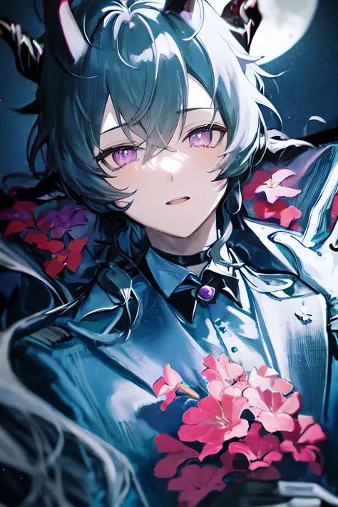 masterpiece, best quality, 1boy,1boy, black_hair, flower, formal, full_moon, gloves, holding, horns, jacket, long_hair, long_sleeves, male_focus, moon, purple_eyes, solo, suit