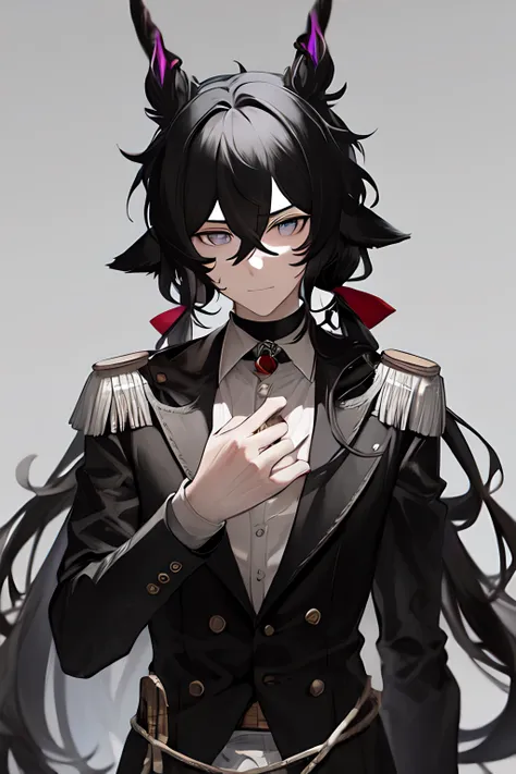 masterpiece, best quality, 1boy, animal_ears, bangs, black_hair, closed_mouth, grey_background, hair_between_eyes, jewelry, long_hair, looking_at_viewer, male_focus, multicolored_hair, ribbon, solo