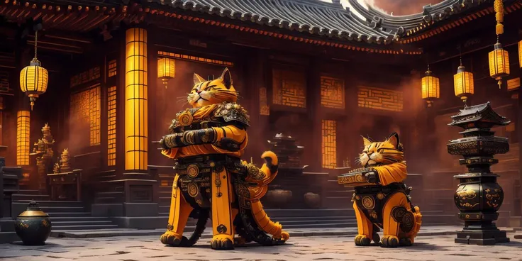 ConstructionyardAI cat worker,
1 cat, Wear armor,(outside:2),Ultra-detailed face,weirdness chinese,flame,Chinese clothing,soft light,courtyard,(Full-body photo),lantern,(smoke),(Chinese architecture),sword,wallpaper, beautiful studio soft light, rim light,masterpiece,Giant worship, Ultra-high quality, (Masterpiece, best quality, complex details: 1.2),Weird atmosphere,Delicate face,Little monster,Eight Trigrams,Tea Ceremony,Taoism ,the Eight Hexagrams, (meditate: 0.6),full body,