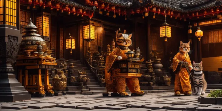 ConstructionyardAI cat worker,
1 cat, Wear armor,(outside:2),Ultra-detailed face,weirdness chinese,flame,Chinese clothing,soft light,courtyard,(Full-body photo),lantern,(smoke),(Chinese architecture),sword,wallpaper, beautiful studio soft light, rim light,masterpiece,Giant worship, Ultra-high quality, (Masterpiece, best quality, complex details: 1.2),Weird atmosphere,Delicate face,Little monster,Eight Trigrams,Tea Ceremony,Taoism ,the Eight Hexagrams, (meditate: 0.6),full body,