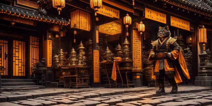 ConstructionyardAI cat worker,
1 cat, Wear armor,(outside:2),Ultra-detailed face,weirdness chinese,flame,Chinese clothing,soft light,courtyard,(Full-body photo),lantern,(smoke),(Chinese architecture),sword,wallpaper, beautiful studio soft light, rim light,masterpiece,Giant worship, Ultra-high quality, (Masterpiece, best quality, complex details: 1.2),Weird atmosphere,Delicate face,Little monster,Eight Trigrams,Tea Ceremony,Taoism ,the Eight Hexagrams, (meditate: 0.6),full body,