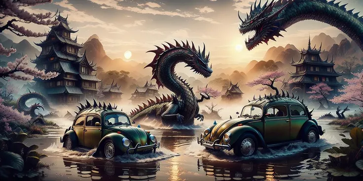 (masterpiece, best quality:1.2), ultra detailed, cinematic lighting, HDR, ilustration, landsape, sunrise, cherry blossom, impressive, chill, inspirational,DragonScaleAI a scaly volkswagon beetle driving through a swamp, splashing water, waves, high quality, high detail, 16k UHD <lora:DragonScaleAIV3:0.75>