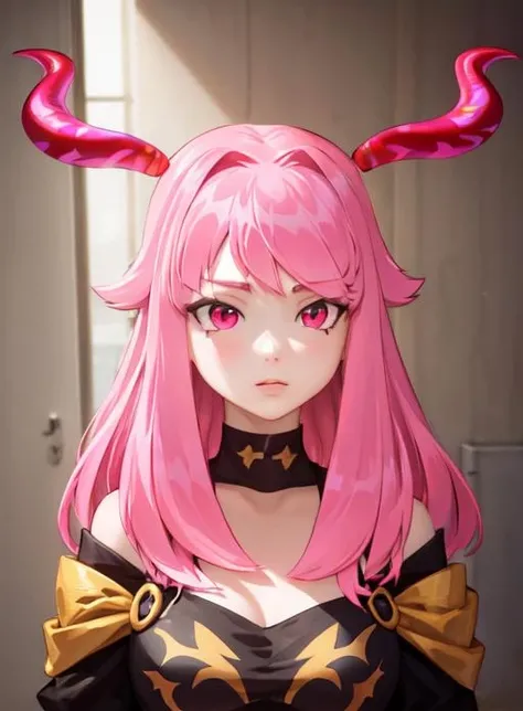 best quality, (masterpiece),(ultra-detailed), (high quality), (high resolution), <lora:hetto_detto-10:0.7>,hetto_detto, pink hair, horns, long hair, pink eyes