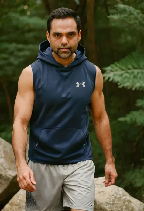 photo of sacha dhawan a man <lora:Abhay-Deol_Sacha-Dhawan:1>, wearing a sleeveless well-fitted under armour hoodie and compression shorts, standing on a boulder, outdoor trail, 35mm photograph, film, bokeh, professional, 4k, highly detailed, creek in the background, natural lighting, golden hour