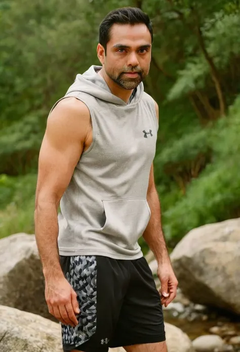 photo of sacha dhawan a man <lora:Abhay-Deol_Sacha-Dhawan:1>, wearing a sleeveless well-fitted under armour hoodie and compression shorts, standing on a boulder, outdoor trail, 35mm photograph, film, bokeh, professional, 4k, highly detailed, creek in the background, natural lighting, golden hour