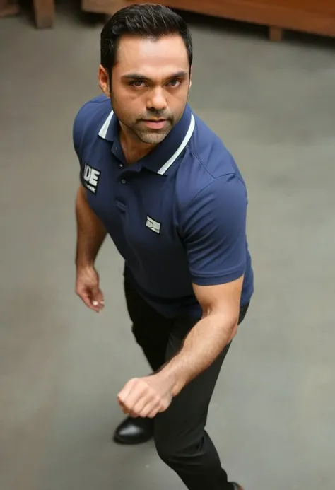 Ultra-detail, (highres:1.1), best quality, (masterpiece:1.3), sacha dhawan a man <lora:Abhay-Deol_Sacha-Dhawan:1>, skinny muscled, modern haircut, dynamic posture, ((wearing compression boxer briefs and police polo shirt)), dramatic angle, full-body from above looking away,