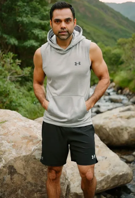 photo of sacha dhawan a man <lora:Abhay-Deol_Sacha-Dhawan:1>, wearing a sleeveless well-fitted under armour hoodie and compression shorts, standing on a boulder, outdoor trail, 35mm photograph, film, bokeh, professional, 4k, highly detailed, creek in the background, natural lighting, golden hour