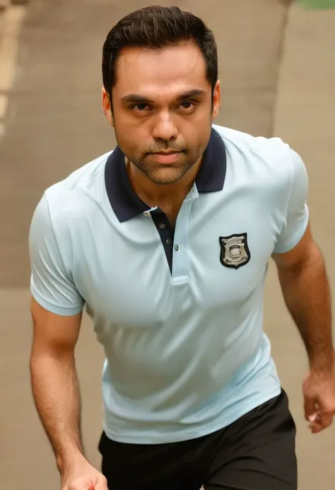 Ultra-detail, (highres:1.1), best quality, (masterpiece:1.3), sacha dhawan a man <lora:Abhay-Deol_Sacha-Dhawan:1>, skinny muscled, modern haircut, dynamic posture, ((wearing compression boxer briefs and police polo shirt)), dramatic angle, full-body from above looking away,