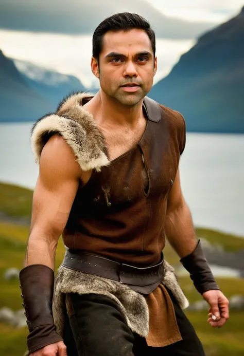 Ultra-detail, (highres:1.1), best quality, (masterpiece:1.3), sacha dhawan a man <lora:Abhay-Deol_Sacha-Dhawan:1>, a Viking warrior prince wearing fur and leather armor rags rising above a battlefield, scales, handsome 23yo Norway male model, dynamic posture posing, full-body from above, dramatic angle. hairy body, skinny muscled, perfect biceps, great pecs, thin waist, perfect jawline, strong and powerful, sporty, great detail, satisfaction,