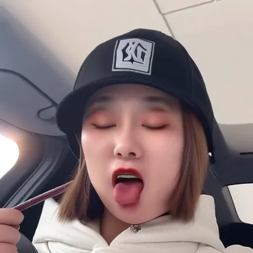 holding microphone, teeth, serafuku, 1girl, hetero, grey eyes, hat, white background, holding, seatbelt, letterboxed, leather, indoors, parted lips, jewelry, umbrella, car interior, ground vehicle, watch, black border, open mouth, oral, mirror, closed eyes, baseball cap, long sleeves