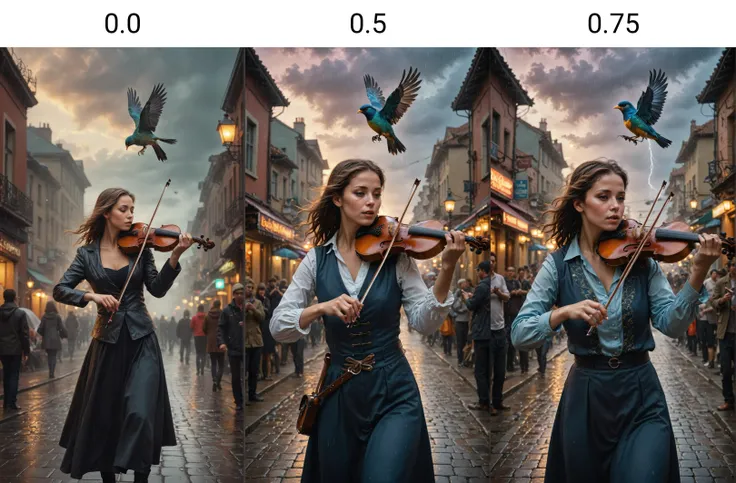 <lora:dAIversityUnderstandingXL-Realistic:0.0> Fantasy realism digital art of a street performer, captivating a crowd with a magical violin that controls the weather, and a mechanical bird soaring among the clouds, bright and colorful, detailed background, evening time, dramatic lighting, city street, cobblestone road, vintage street lamps, colorful buildings, large crowd, intrigued expressions, close-up of performer's face, intense gaze, detailed violin, weather effects, rain, wind, lightning, colorful bird, metallic texture, smoke, mist, dreamy atmosphere,premium yoga mat