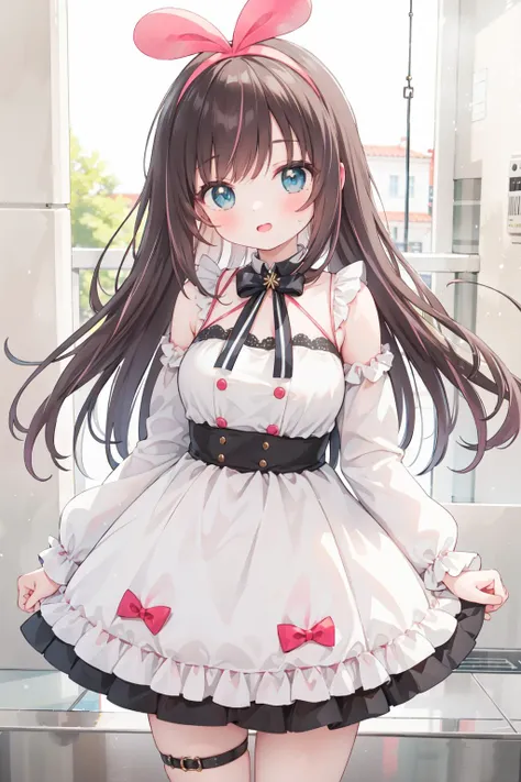 a girl wearing a cute dress, cowboy shot <lyco:KitsuneAi-KizunaAi-LoCon32V1:0.8>