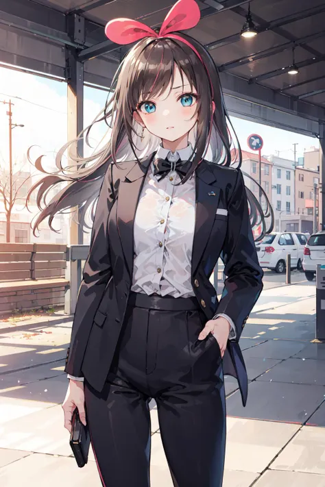 anime girl in a suit and bow tie standing on a sidewalk