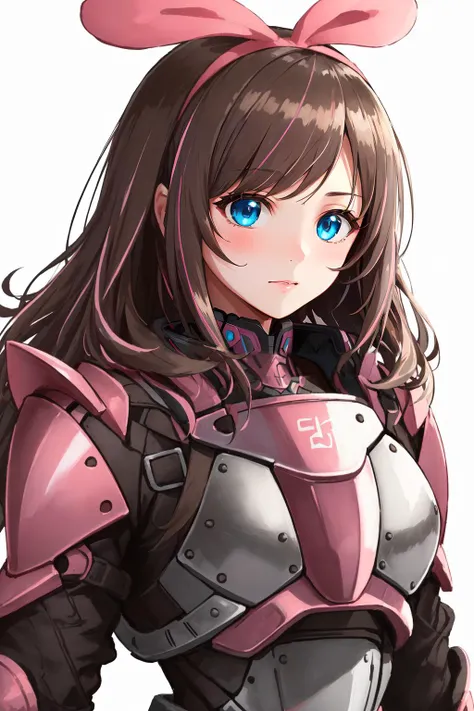 (masterpiece, best quality),  intricate details,
1girl,  <lyco:KitsuneAi-KizunaAi-LoCon32V1:0.8> pink ribbon, brown hair, blue eyes, 
 <lora:edgHaloArmors:0.8> edgHalo_armor, pink power armor, wearing edgHalo_armor,