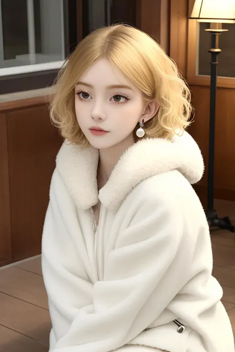masterpiece, best quality, 8k, detailed background, interior, night, soft lighting, 
1girl, <lora:AG-cherri:0.8>, full body, face focus, kneeling, from above, [[expressionless, parted lips]], looking away, (blonde hair, short hair, curly hair), 
coat, fur trim, lether collar, pearl earrings, solo,
