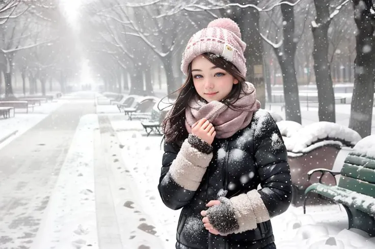 1girl, winter outfit, winter cap, puffed jacket, scarf, detailed face, long brown hair, snow on hair,
in park, snowy park, winter, (snowfall in background:1.2), (heavyfall:1.15), snow, very snowy, trees covered in snow, park alley, trees in background, snow covered park bench,
<lora:last:0.8>