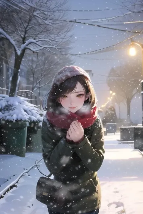 1woman, winter outfit, (dark red sweater), big wool scarf, detailed face, beard, long brown hair, snow on hair, (upper body part view, looking at veiwer, front view)1.25,
in park, snowy park, winter, (snowfall in background:1.2), (heavyfall:1.15), snow, very snowy, trees covered in snow, park alley, trees in background, snow covered park bench, (park lights), (at night),
<lora:last:1.2>