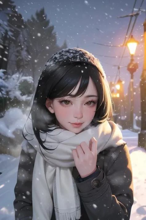 1woman, winter outfit, (long grey wool coat), big wool scarf, detailed face, beard, long brown hair, snow on hair, (upper body part view:1.25), looking at veiwer, (front view),
in park, snowy park, winter, (snowfall in background:1.2), (heavyfall:1.15), snow, very snowy, trees covered in snow, park alley, trees in background, snow covered park bench, (park lights), (at night),
<lora:last:0.85>