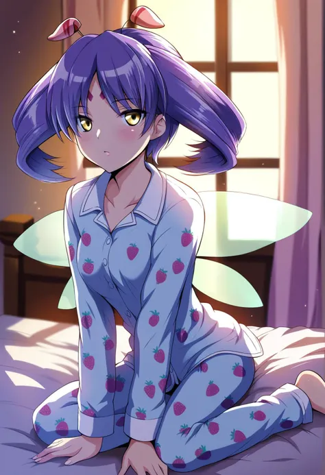 <lora:tio_grandia_ponyxl_v4:1>, tio, facial mark, forehead mark, wings, antennae, purple hair, yellow eyes, twintails, grey skin, transparent wings,
sitting, wariza,
pajamas, strawberry print,
on bed, bedroom, curtains, window,
score_9, score_8_up, score_7_up, score_6_up, anime coloring, (hara \(harayutaka\):0.5), (m-da s-tarou, asou \(asabu202\):0.5), high quality, detailed, beautiful, shiny, outstanding, countershading, detailed soft lighting