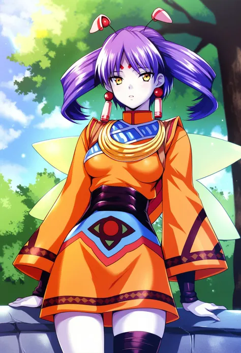 <lora:tio_grandia_ponyxl_v4:1>, tio, facial mark, forehead mark, earrings, wings, antennae, purple hair, yellow eyes, twintails, grey skin,
looking at viewer, cowboy shot, head tilt, parted lips,
orange dress, multicolored dress, short dress, wide sleeves, yellow torc, black belt, bandaged leg, black bandages,
outdoors, tree, bush, blue sky, cloudy sky, soil,
score_9, score_8_up, score_7_up, score_6_up, anime coloring, (hara \(harayutaka\):0.5), (m-da s-tarou, asou \(asabu202\):0.5), high quality, detailed, beautiful, shiny, outstanding, countershading, detailed soft lighting