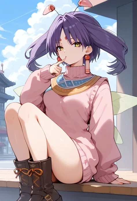 score_9, score_8_up, score_7_up, best quapoty, highres, absurdres, source_anime, 1girl, tio, facial mark, forehead mark, earrings, wings, antennae, purple hair, yellow eyes, twintails, grey skin, <lora:tio_grandia_ponyxl_v4:1>, full body, pretzel pose, sweater, sitting, looking at viewer, boots, finger to mouth, long sleeves, pink sweater, Cloud city with flying creatures and floating islands.