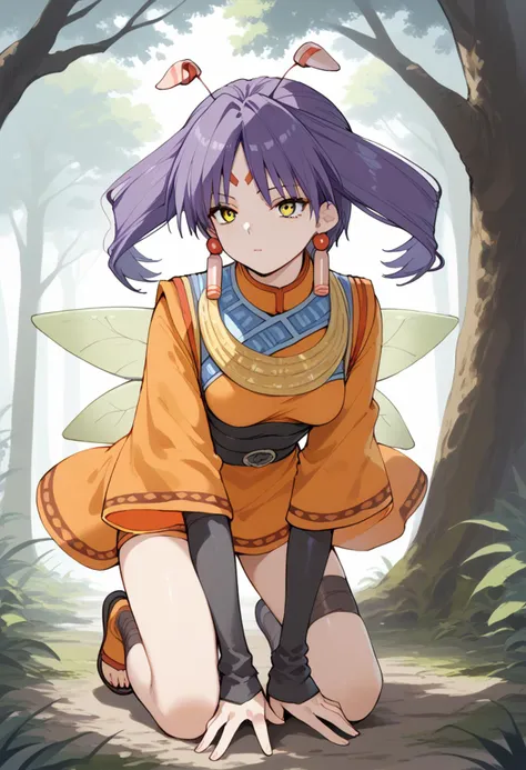 score_9, score_8_up, score_7_up, best quapoty, highres, absurdres, source_anime, 1girl, tio, facial mark, forehead mark, earrings, wings, antennae, purple hair, yellow eyes, twintails, grey skin, <lora:tio_grandia_ponyxl_v4:1>, full body, doggystyle, orange dress, multicolored dress, short dress, wide sleeves, yellow torc, black gloves, fingerless gloves, black belt, bandaged leg, black bandages, Ancient mythical tree with branches reaching into the heavens