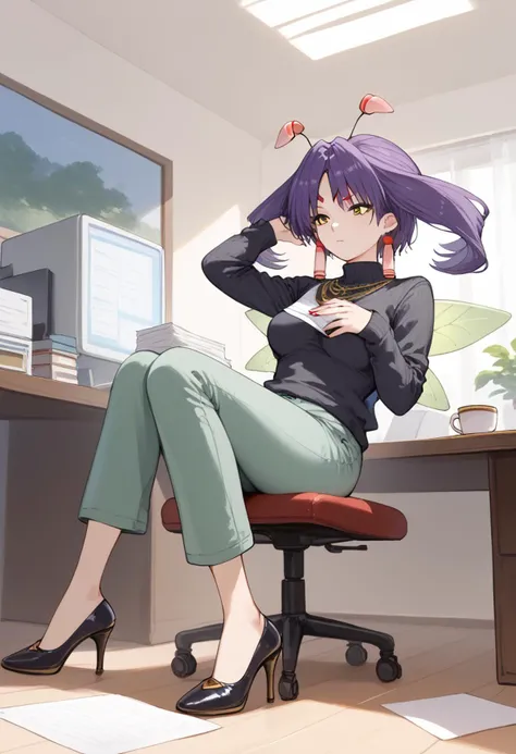 score_9, score_8_up, score_7_up, best quapoty, highres, absurdres, source_anime, 1girl, tio, facial mark, forehead mark, earrings, wings, antennae, purple hair, yellow eyes, twintails, grey skin, <lora:tio_grandia_ponyxl_v4:1>, full body, arms up, sitting, high heels, green pants, earrings, jewelry, holding, desk, shirt, pants, black shirt, pen, looking down, nail polish, indoors, computer, office paper, black sweater, cup, Enchanted tea garden with floating teacups and sentient teapots.
