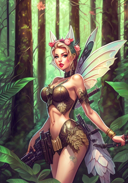pinup of a fairy princess dressed as a bounty hunter intricate forest background