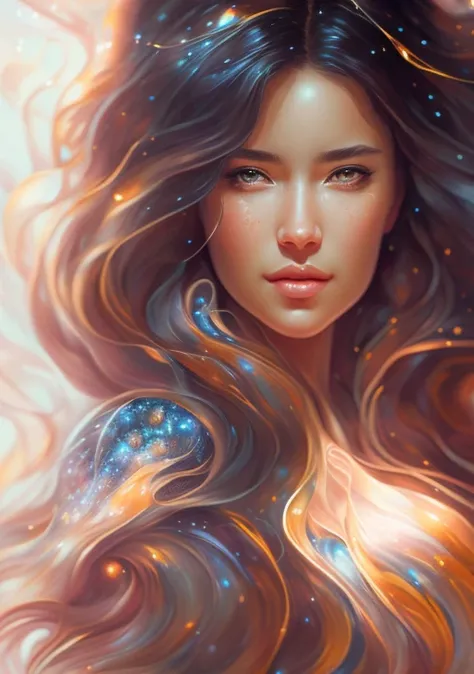 realistic color Lithography sketch, woman in night sky background, jewelry, looking_at_viewer, (+long wavy hair), bokeh, fantasy, flowing, circling, magical, surreal, intricate dress, intricate, 8k, highly detailed, soft lighting, sharp focus, art by artgerm and rutkowski and alphonse mucha, cgsociety, award winning, (((half body portrait))), paint splashes, trending on artstation, highly detailed, fine detail, intricate