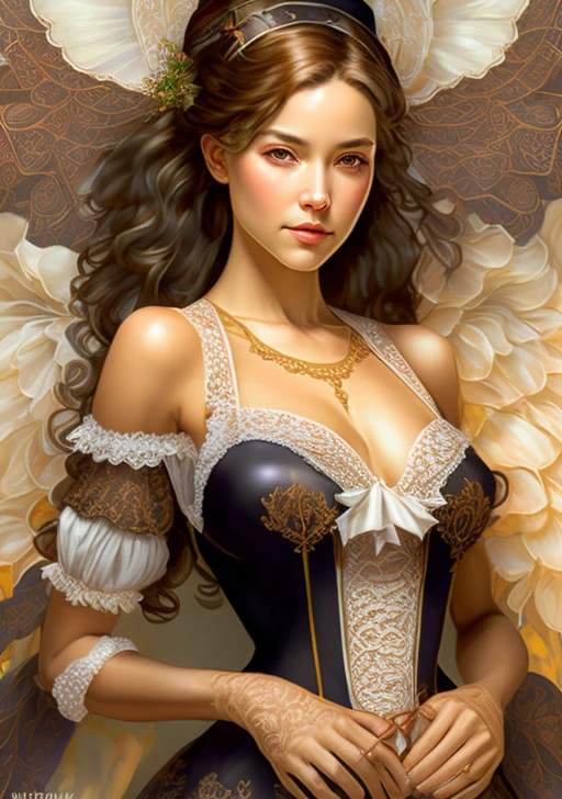 highly detailed realistic digital illustration of (sexy maid:1.2) (intricate maid uniform:1.6), black with white trim, lace, ruffles, corset, petticoat, highly detailed, sitting in rich room, hyper detailed illustration, gorgeous, elegant, intricate, alluring, stunning, award winning, (5400k color temperature), realistic, sharp focus, 8k high definition, intricate, highly detailed, high resolution, realistic digital painting, HDR, by Norman Rockwell and Alphonse Mucha and Artgerm