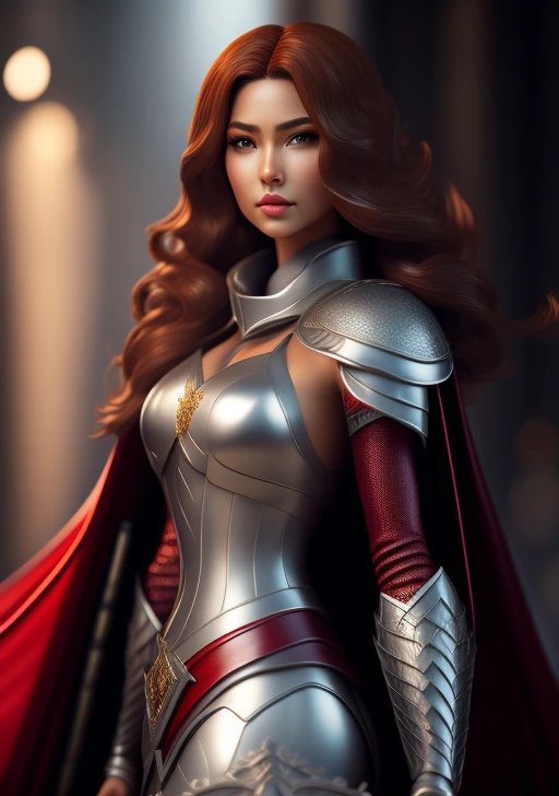 intricate highly realistic digital illustration, pinup, 1girl, a bounty hunter in highly detailed fantasy city, long flowing hair, silver armor, red cape, straps, beautiful face, (smile:0.3), looking_at_viewer, 3D, octane render, unreal engine, HDR, UHD, 64K, sharp focus, intricate, trending on artstation, highly detailed, high resolution, gorgeous, elegant, intricate, alluring, stunning, award winning, sharp focus, highly detailed