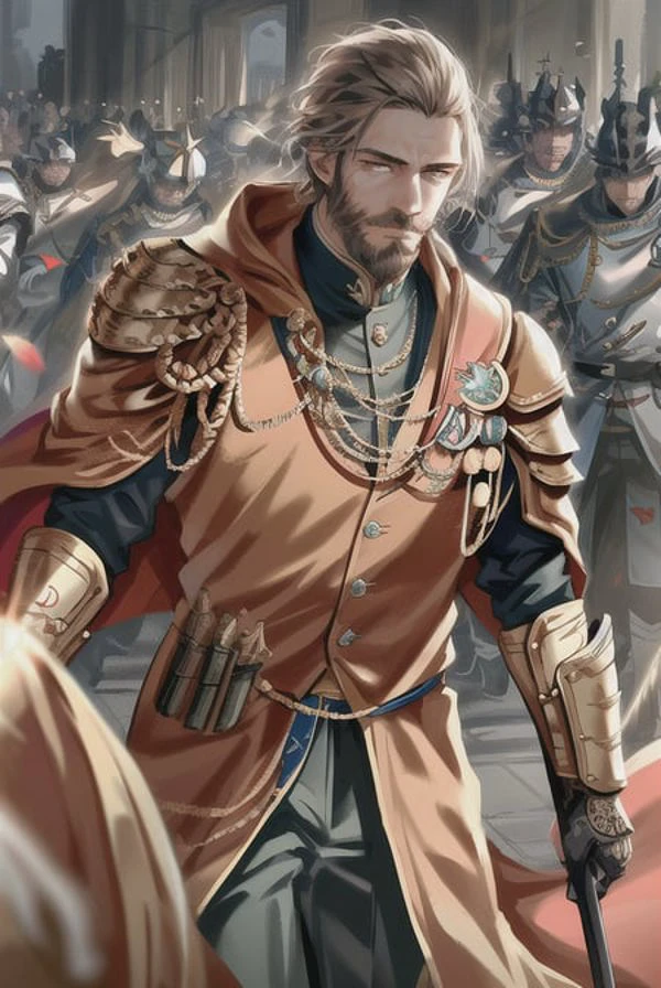 (extremely detailed CG unity 8k wallpaper),(masterpiece), (best quality), (realistic), (((best�quality))), ((ultra-detailed)), (illustration),male emperor wearing a high detail royal suit, surrounded by armored knights , detailed pupils, volumetric lighting, particle effect, short hair, beard,