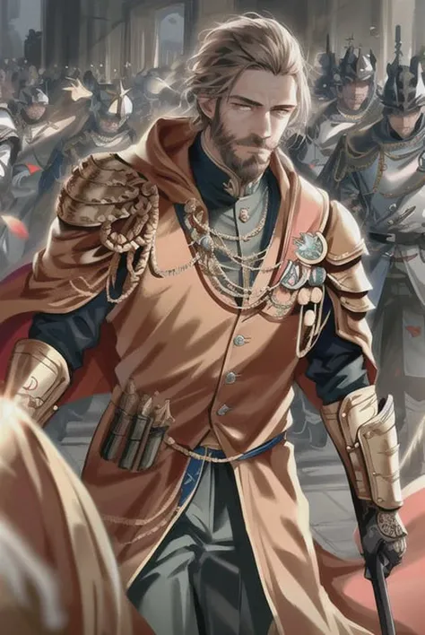 (extremely detailed CG unity 8k wallpaper),(masterpiece), (best quality), (realistic), (((best�quality))), ((ultra-detailed)), (illustration),male emperor wearing a high detail  royal suit, surrounded by armored knights , detailed pupils, volumetric lighting, particle effect, short hair, beard,