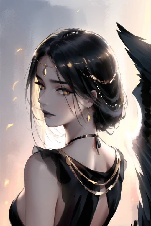half face, looking back, raise your neck up, portrait of a beautiful women, small breasts, intricate dress, soft smile, black lips, black, golden eyes, realism, masterpiece, archangel, dark angel wings, silk dress, wind, looking at viewer, casting magic, detailed, beautiful lighting, strong emotions, dangerous glance