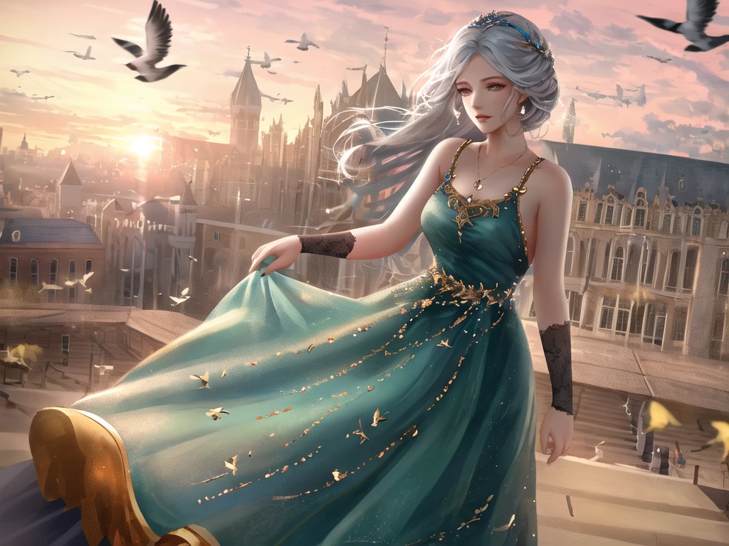 masterpiece, best quality, ung woman, detailed, medival dress, messy long hair,full body, (sliver hair: 1.25), white hair, high res, depth of field, best quality, highly detailed, vintage ornate palace loft, delicate face,outdoors , background with doves, sunset sky, side to audience, eyes looking into the distance