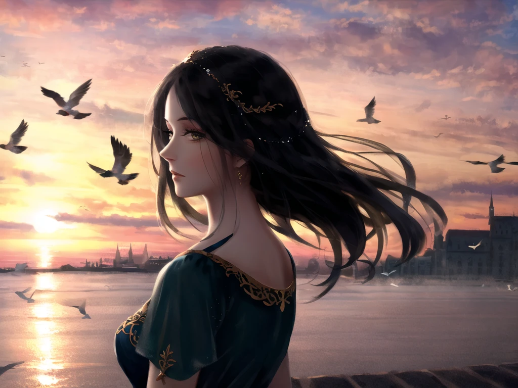 masterpiece, best quality, ung woman, detailed, medival dress, messy long hair, standing, look at the viewer, (sliver hair: 1.25), white hair, high res, depth of field, best quality, highly detailed, old ornate church, vintage ornate palace loft, delicate face, open outdoor, background with doves, sunset sky, side to audience, eyes looking into the distance