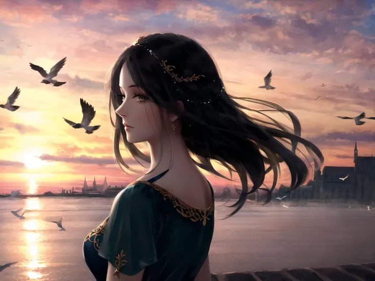 masterpiece, best quality, ****ung woman, detailed, medival dress, messy long hair, standing, look at the viewer, (sliver hair: 1.25), white hair, high res, depth of field, best quality, highly detailed, old ornate church, vintage ornate palace loft, delicate face, open outdoor, background with doves, sunset sky, side to audience, eyes looking into the distance