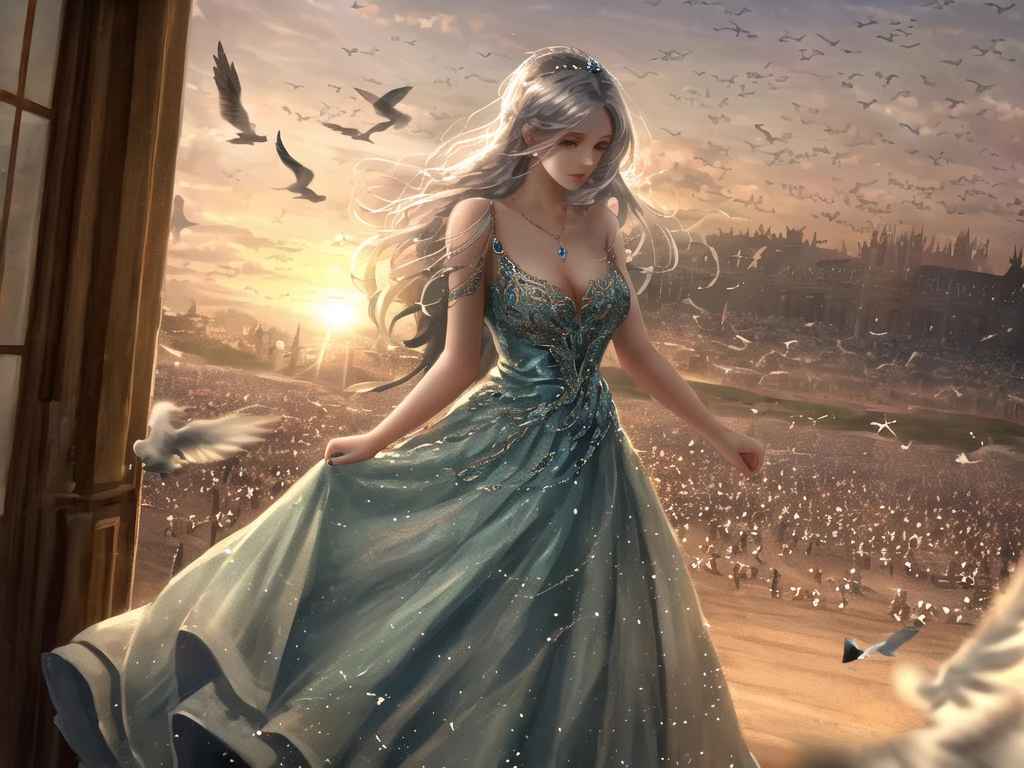 masterpiece, best quality, ung woman, detailed, medival dress, messy long hair,full body, (sliver hair: 1.25), white hair, high res, depth of field, best quality, highly detailed, vintage ornate palace loft, delicate face,outdoors , background with doves, sunset sky, side to audience, eyes looking into the distance