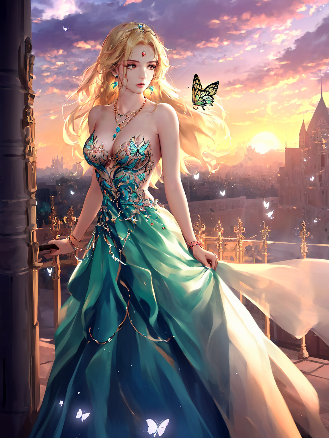 A woman in a dress standing on a balcony with a butterfly flying around ...