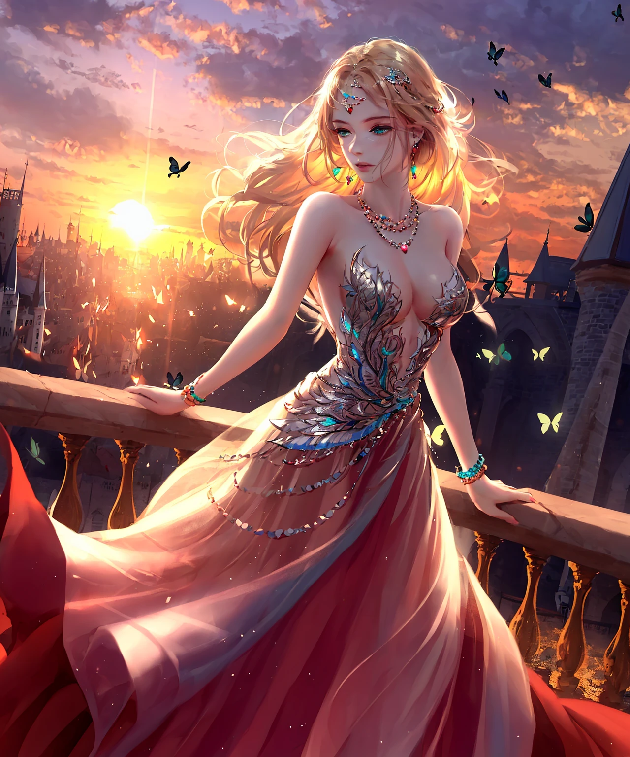 (best quality),((masterpiece)),(highres), original, (extremely detailed 8K wallpaper), overexposure,1girl,(medium breasts),(an extremely delicate and beautiful),(Beautiful and detailed eye description), (Beautiful and detailed facial depiction),(solo),(full body), arms behind back, blonde hair, messy hair, long hair, luxury evening gown, fine and detailed armor, castle, glory, hope, (beautiful sunset, cloudy sky), hair ornament, necklace, jewelry, earrings, background with butterflies, bare shoulders,