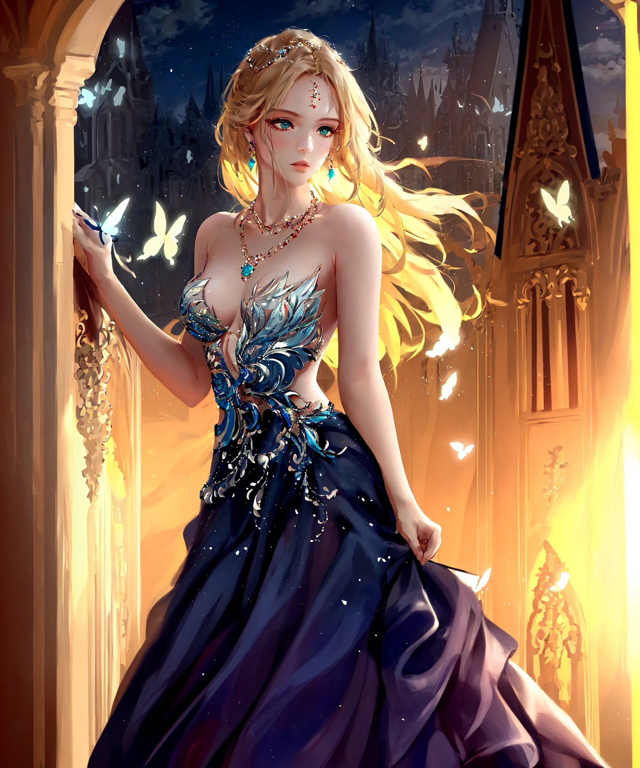 (best quality),((masterpiece)),(highres), original, (extremely detailed 8K wallpaper), overexposure,1girl,(medium breasts),(an extremely delicate and beautiful),(Beautiful and detailed eye description), (Beautiful and detailed facial depiction),(solo),(full body), arms behind back, blonde hair, messy hair, long hair, luxury evening gown, fine and detailed armor, castle, glory, hope, (beautiful sunset, cloudy sky), hair ornament, necklace, jewelry, earrings, background with butterflies, bare shoulders,