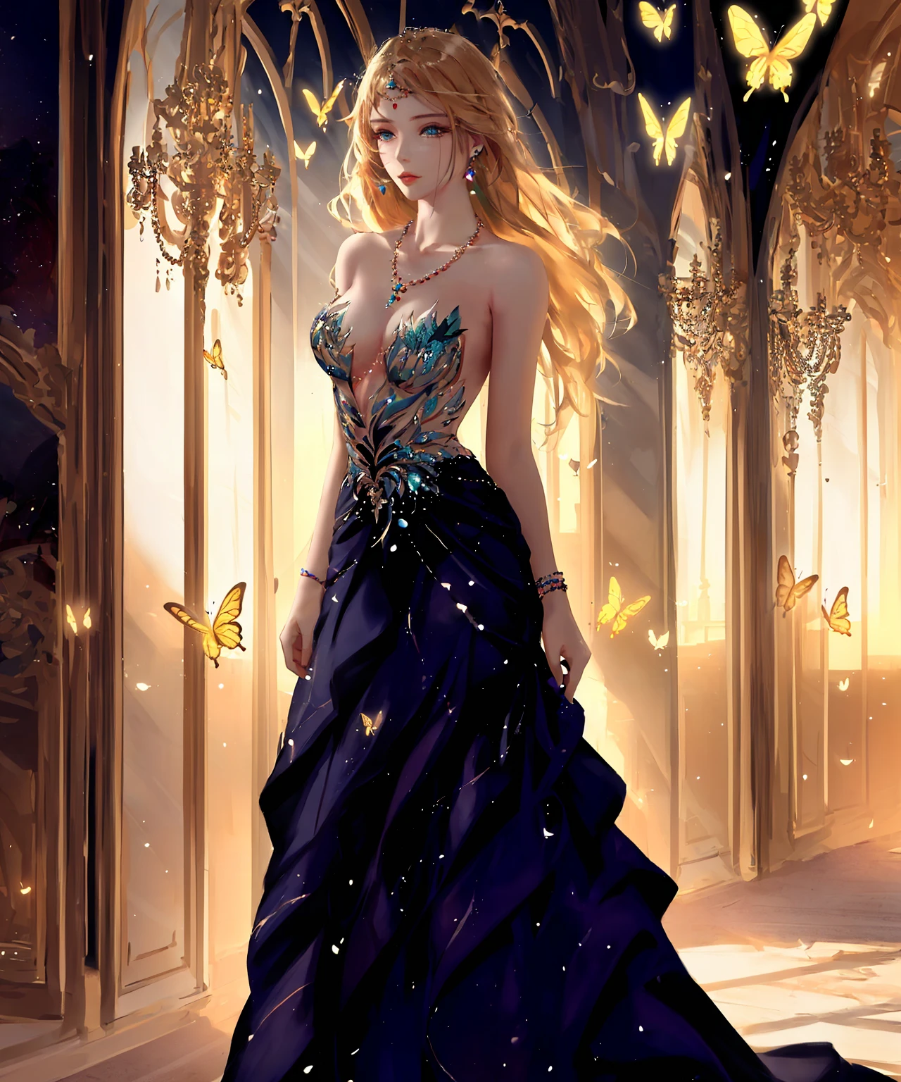 (best quality),((masterpiece)),(highres), original, (extremely detailed 8K wallpaper), overexposure,1girl,(medium breasts),(an extremely delicate and beautiful),(Beautiful and detailed eye description), (Beautiful and detailed facial depiction),(solo),(full body), arms behind back, blonde hair, messy hair, long hair, luxury evening gown, fine and detailed armor, castle, glory, hope, (beautiful sunset, cloudy sky), hair ornament, necklace, jewelry, earrings, background with butterflies, bare shoulders,