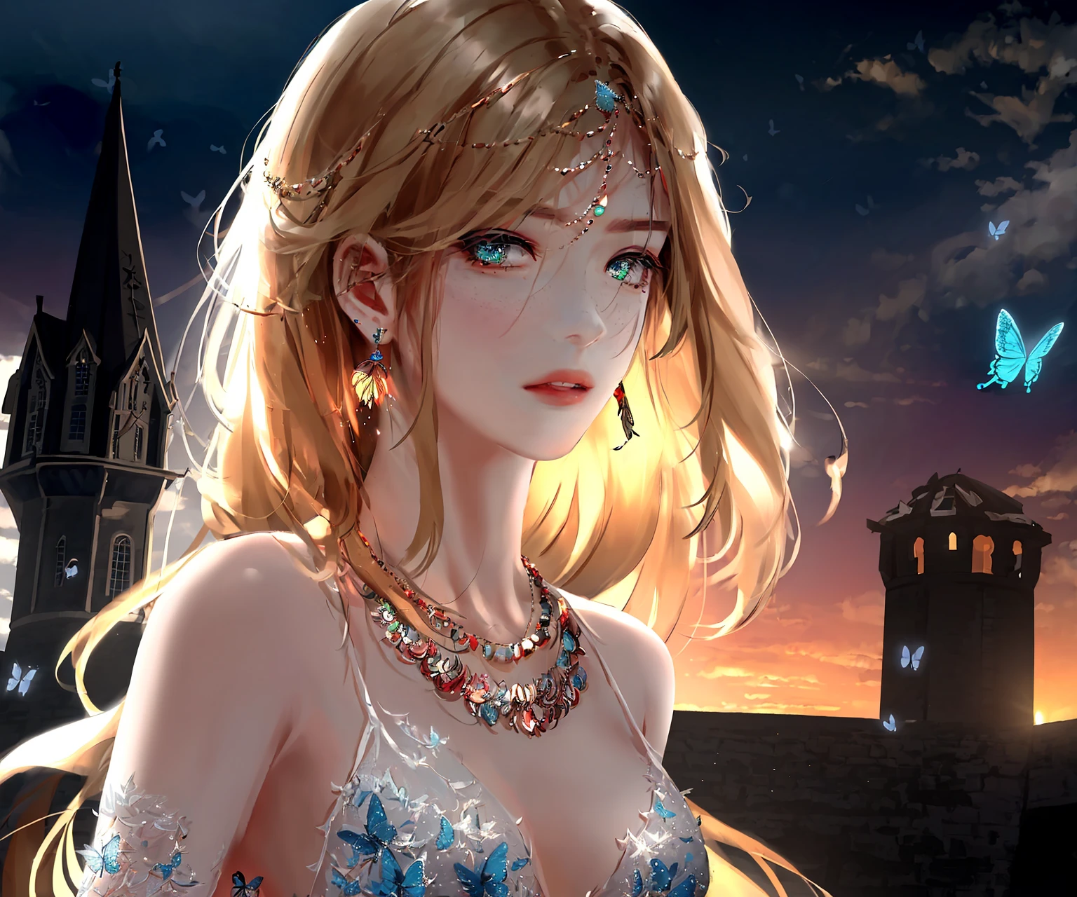 (best quality),((masterpiece)),(highres), original, (extremely detailed 8K wallpaper), overexposure,1girl,(medium breasts),(an extremely delicate and beautiful),(Beautiful and detailed eye description), (Beautiful and detailed facial depiction),(solo),(upper body), arms behind back, blonde hair, messy hair, long hair, evening gown, fine and detailed armor, castle, glory, hope, beautiful sunset, cloudy sky, hair ornament, necklace, jewelry, earrings, background with butterflies,