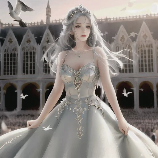 masterpiece, best quality, ung woman, detailed, medival dress, messy long hair,full body, (sliver hair: 1.25), white hair, high res, depth of field, best quality, highly detailed, vintage ornate palace loft, delicate face,outdoors , background with doves, sunset sky, side to audience, eyes looking into the distance