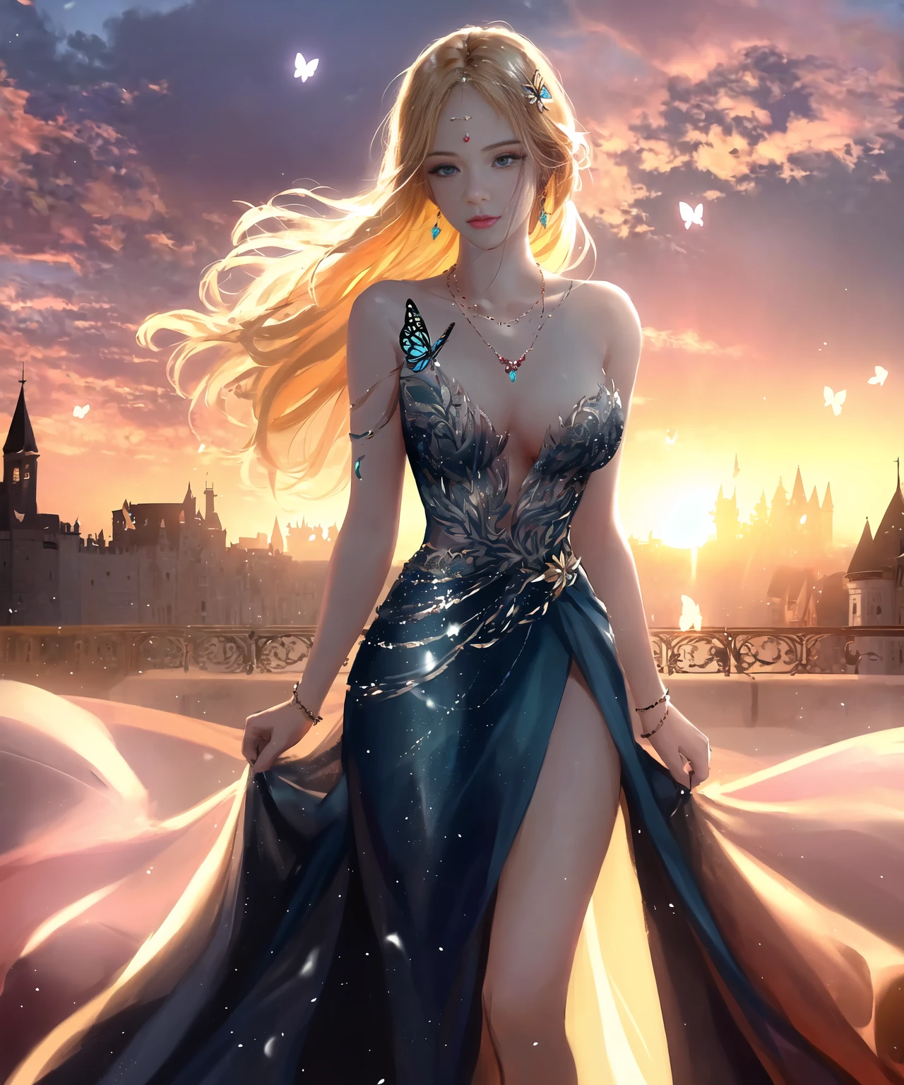 (best quality),((masterpiece)),(highres), original, (extremely detailed 8K wallpaper), overexposure,1girl,(medium breasts),(an extremely delicate and beautiful),(Beautiful and detailed eye description), (Beautiful and detailed facial depiction),(solo),(full body), arms behind back, blonde hair, messy hair, long hair, luxury evening gown, fine and detailed armor, castle, glory, hope, (beautiful sunset, cloudy sky), hair ornament, necklace, jewelry, earrings, background with butterflies, bare shoulders,